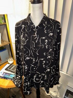 Black Button-Up Shirt with Abstract White Face Print